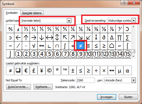 Waar kan ik gemakkelijk het is-niet-gelijk-teken in Word vinden